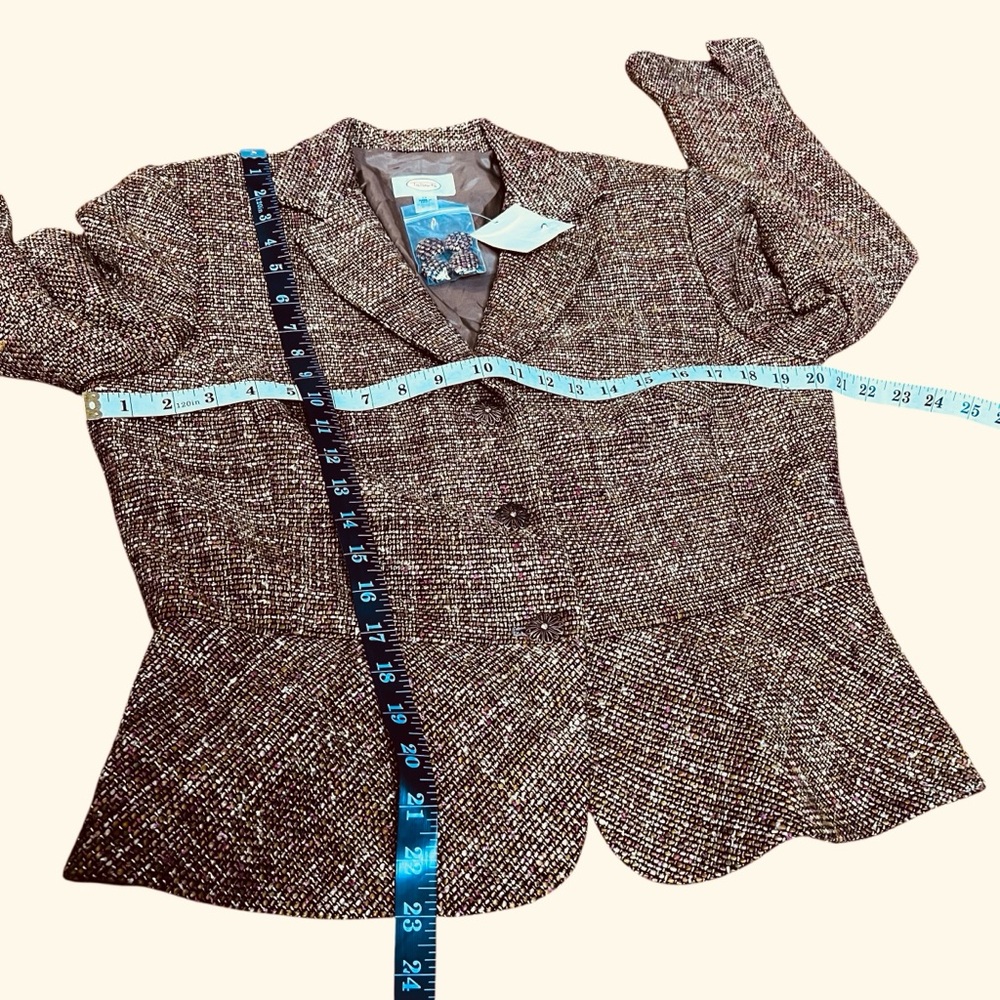 TALBOTS Tweed Brown Tan Green Crop Lined Blazer with Peplum Silk Blend SZ 14 - Picture 5 of 12